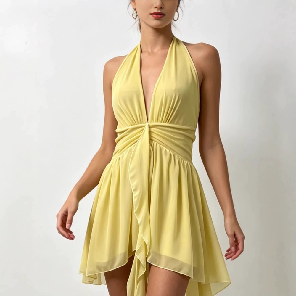H&M Halter Neck Deep Backless Waist Knot Irregular Ruffle Vacation Mini Dress